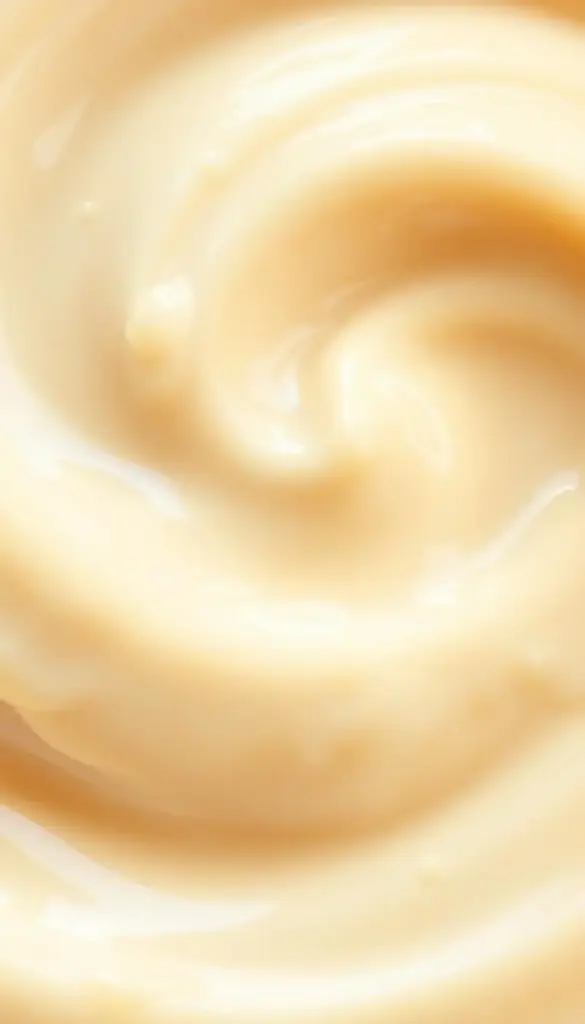 A close-up shot of a creamy, velvety garlic sauce, glistening under soft, even lighting. The sauce has a luscious, silky texture, with a subtle sheen and a seamless, balanced consistency. Swirls of pale ivory and soft beige tones create a harmonious, visually appealing composition. The sauce appears both rich and delicate, with a hint of aromatics in the background, suggesting a well-crafted blend of flavors. The overall mood is one of culinary sophistication and appetite appeal, perfectly capturing the essence of a "balanced creamy garlic sauce".