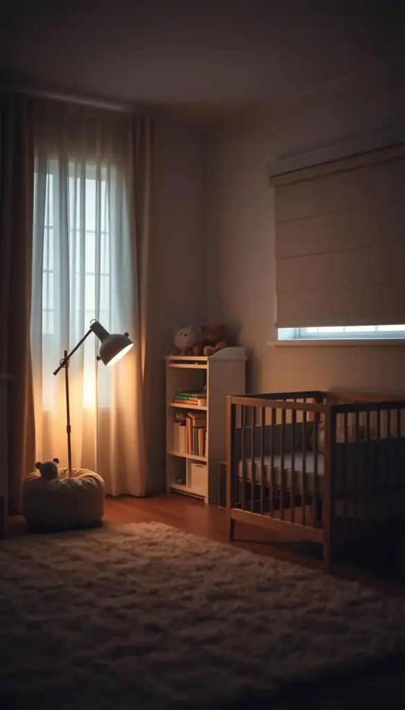 A cozy, dimly lit nursery with a plush rug, a wooden crib, and a comfortable armchair in the foreground. Soft, diffused lighting from a floor lamp casts a warm glow, creating a tranquil atmosphere. In the middle ground, a small bookshelf filled with children's books and a mobile gently swaying above the crib. The background features neutral-toned walls, a window with sheer curtains, and a soft, textured blackout blind to ensure a peaceful sleeping environment. The overall scene conveys a serene, sleep-inducing ambiance, perfectly suited for a toddler's restful slumber.