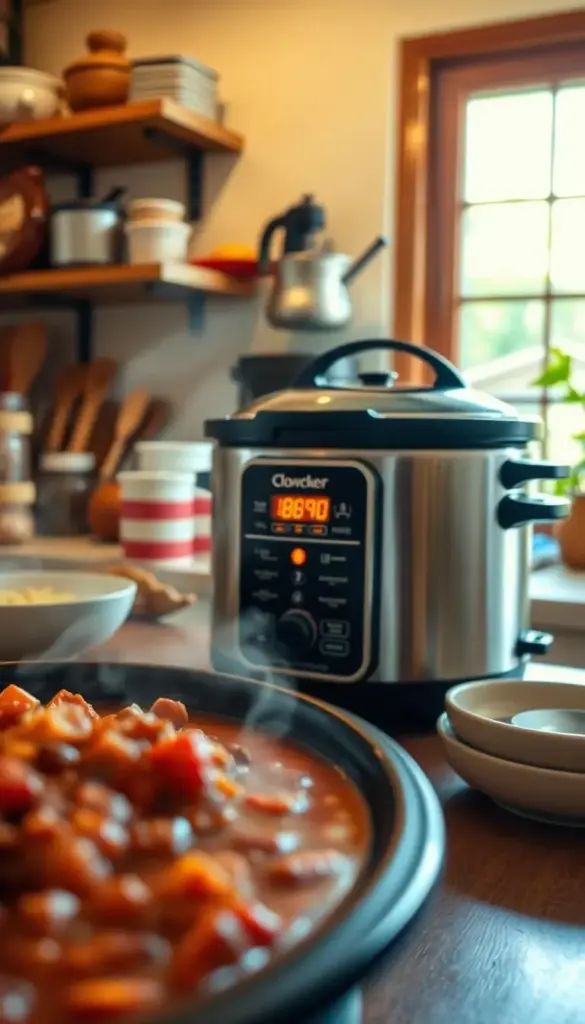 A cozy kitchen scene showcasing the benefits of a slow cooker. In the foreground, a hearty stew simmers away, its rich aromas filling the air. Behind it, various cooking utensils and ingredients are neatly arranged, conveying the ease and convenience of slow cooking. The mid-ground features a modern, sleek slow cooker, its digital display illuminating the kitchen with a warm glow. In the background, a large window allows natural light to stream in, casting a soft, inviting ambiance. The overall scene radiates a sense of comfort, efficiency, and the joys of effortless home-cooked meals - the perfect illustration for a family-friendly slow cooking article. A cozy kitchen scene showcasing the benefits of a slow cooker. In the foreground, a hearty stew simmers away, its rich aromas filling the air. Behind it, various cooking utensils and ingredients are neatly arranged, conveying the ease and convenience of slow cooking. The mid-ground features a modern, sleek slow cooker, its digital display illuminating the kitchen with a warm glow. In the background, a large window allows natural light to stream in, casting a soft, inviting ambiance. The overall scene radiates a sense of comfort, efficiency, and the joys of effortless home-cooked meals - the perfect illustration for a family-friendly slow cooking article.