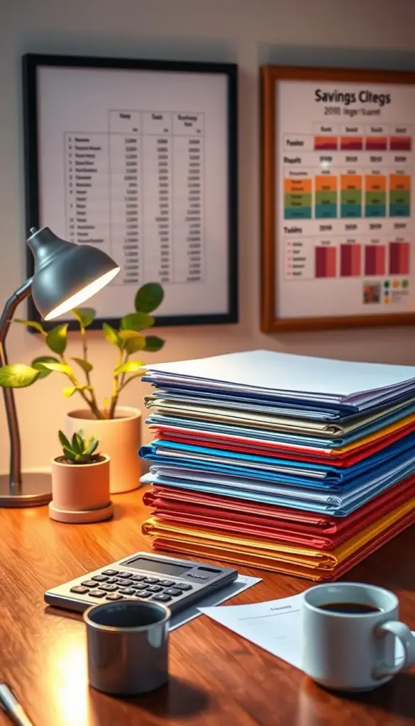 A cozy office setting with a wooden desk, a potted plant, and a stack of colorful folders representing different savings categories. Warm lighting from a desk lamp casts a soft glow, and a framed financial chart hangs on the wall behind the desk, providing a sense of organization and financial planning. The desk surface features a pen, a calculator, and a mug of coffee, creating a productive and thoughtful atmosphere. The scene conveys a sense of financial responsibility and the importance of categorizing savings for a secure future. A cozy office setting with a wooden desk, a potted plant, and a stack of colorful folders representing different savings categories. Warm lighting from a desk lamp casts a soft glow, and a framed financial chart hangs on the wall behind the desk, providing a sense of organization and financial planning. The desk surface features a pen, a calculator, and a mug of coffee, creating a productive and thoughtful atmosphere. The scene conveys a sense of financial responsibility and the importance of categorizing savings for a secure future.