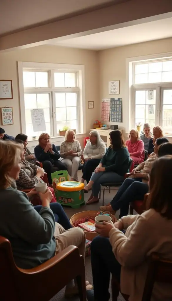 A cozy, well-lit community center filled with a diverse group of mothers seated in a circle, engaged in lively conversation. Soft, natural lighting filters through large windows, casting a warm glow on the scene. In the foreground, a few women sip coffee and share stories, their expressions warm and welcoming. In the middle ground, a collection of children's toys and books suggests a family-friendly environment. The background reveals a cheerful, inviting atmosphere, with motivational posters and artwork adorning the walls, conveying a sense of togetherness and support. The overall mood is one of comfort, camaraderie, and a shared understanding among the members of this local mom support group. A cozy, well-lit community center filled with a diverse group of mothers seated in a circle, engaged in lively conversation. Soft, natural lighting filters through large windows, casting a warm glow on the scene. In the foreground, a few women sip coffee and share stories, their expressions warm and welcoming. In the middle ground, a collection of children's toys and books suggests a family-friendly environment. The background reveals a cheerful, inviting atmosphere, with motivational posters and artwork adorning the walls, conveying a sense of togetherness and support. The overall mood is one of comfort, camaraderie, and a shared understanding among the members of this local mom support group.