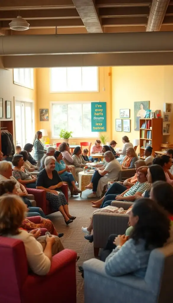 A cozy, well-lit community center filled with mothers of diverse backgrounds, ages, and experiences. In the foreground, a circle of women sitting on comfortable armchairs, engaged in earnest conversation, their faces conveying a sense of camaraderie and understanding. In the middle ground, smaller breakout groups gather around tables, sharing stories and offering advice. The background showcases vibrant, cheerful decor - inspirational wall art, family photos, and colorful toys, creating a warm, nurturing atmosphere. Soft natural lighting filters in through large windows, casting a gentle glow over the scene. The overall mood is one of support, empowerment, and the shared journey of motherhood. A cozy, well-lit community center filled with mothers of diverse backgrounds, ages, and experiences. In the foreground, a circle of women sitting on comfortable armchairs, engaged in earnest conversation, their faces conveying a sense of camaraderie and understanding. In the middle ground, smaller breakout groups gather around tables, sharing stories and offering advice. The background showcases vibrant, cheerful decor - inspirational wall art, family photos, and colorful toys, creating a warm, nurturing atmosphere. Soft natural lighting filters in through large windows, casting a gentle glow over the scene. The overall mood is one of support, empowerment, and the shared journey of motherhood.