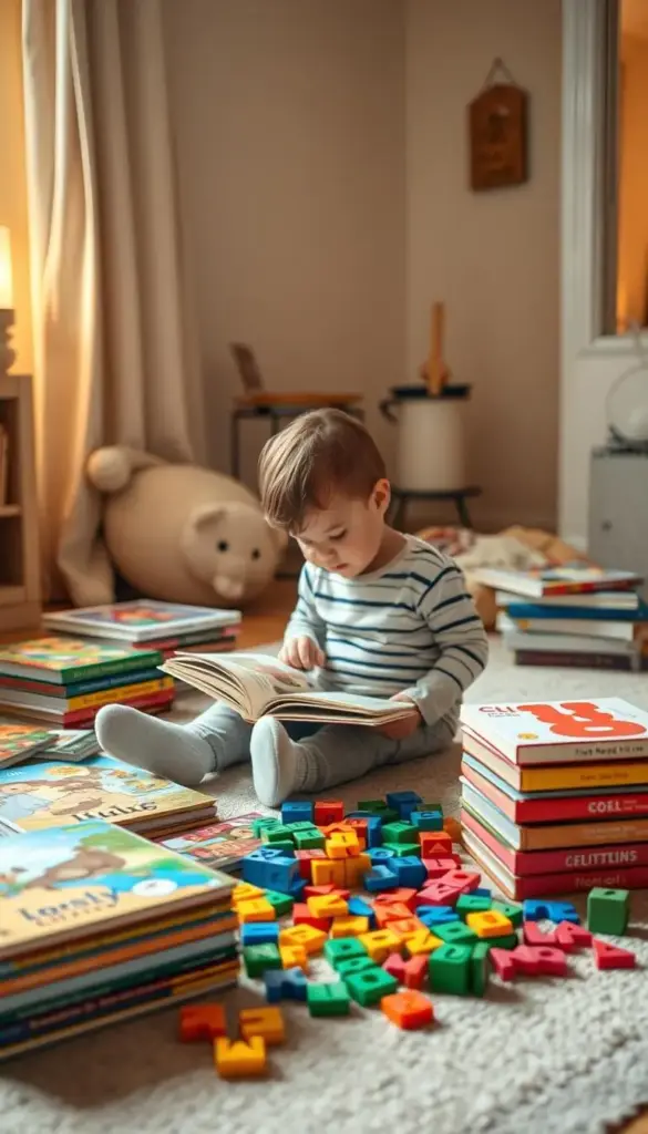 A cozy, well-lit home setting with a toddler sitting on the floor, surrounded by a variety of colorful, age-appropriate literacy materials. Soft, warm lighting illuminates the scene, creating an inviting and nurturing atmosphere. On the floor, there are stacks of board books, alphabet blocks, magnetic letters, and other tactile learning tools within easy reach of the child. The toddler is engaged, either reading a book or playing with the various literacy activities, fostering their language development and love of learning. A cozy, well-lit home setting with a toddler sitting on the floor, surrounded by a variety of colorful, age-appropriate literacy materials. Soft, warm lighting illuminates the scene, creating an inviting and nurturing atmosphere. On the floor, there are stacks of board books, alphabet blocks, magnetic letters, and other tactile learning tools within easy reach of the child. The toddler is engaged, either reading a book or playing with the various literacy activities, fostering their language development and love of learning.