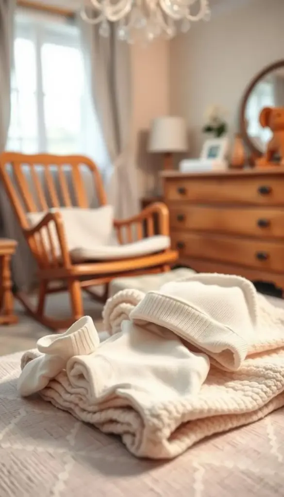 A cozy, well-lit nursery scene with a soft-focus, warm-toned aesthetic. In the foreground, an assortment of newborn clothing essentials are neatly arranged, including a onesie, socks, a beanie, and a soft blanket. The middle ground features a plush rocking chair and a wooden dresser, hinting at the comforts of a baby's room. The background is blurred, but suggests a neutral, soothing color palette, like pastel walls or a tranquil window view. The overall mood is one of tenderness, care, and the anticipation of a new arrival. A cozy, well-lit nursery scene with a soft-focus, warm-toned aesthetic. In the foreground, an assortment of newborn clothing essentials are neatly arranged, including a onesie, socks, a beanie, and a soft blanket. The middle ground features a plush rocking chair and a wooden dresser, hinting at the comforts of a baby's room. The background is blurred, but suggests a neutral, soothing color palette, like pastel walls or a tranquil window view. The overall mood is one of tenderness, care, and the anticipation of a new arrival.