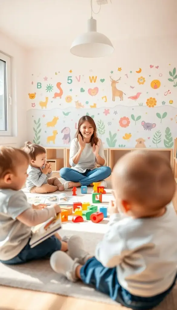 A cozy, well-lit playroom with warm, natural lighting. In the foreground, a group of toddlers engaged in various communication-enhancing activities, such as reading picture books, playing with colorful wooden alphabet blocks, and practicing sign language. The middle ground features a caregiver guiding the toddlers, modeling and encouraging their language development. In the background, a cheerful, pastel-toned mural depicting animals, shapes, and numbers serves as a visually stimulating backdrop. The scene conveys a sense of nurturing, interactive learning, and the joy of early childhood exploration. A cozy, well-lit playroom with warm, natural lighting. In the foreground, a group of toddlers engaged in various communication-enhancing activities, such as reading picture books, playing with colorful wooden alphabet blocks, and practicing sign language. The middle ground features a caregiver guiding the toddlers, modeling and encouraging their language development. In the background, a cheerful, pastel-toned mural depicting animals, shapes, and numbers serves as a visually stimulating backdrop. The scene conveys a sense of nurturing, interactive learning, and the joy of early childhood exploration.