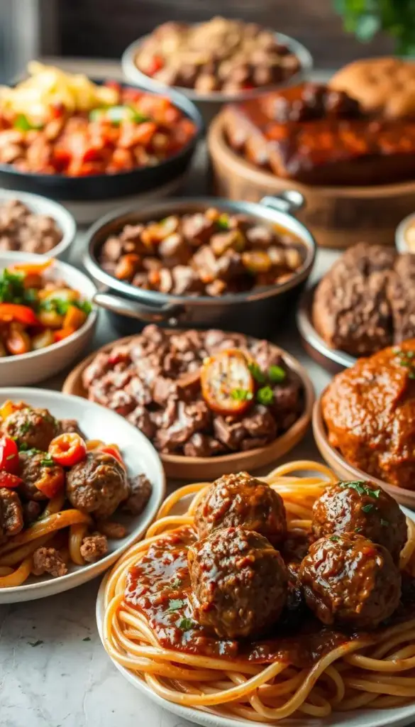 A delectable arrangement of ground beef recipes, artfully captured in a warm, inviting setting. In the foreground, a succulent meatball dish takes center stage, accompanied by a zesty beef and vegetable stir-fry. In the middle ground, a classic beef and noodle casserole simmers, its rich aroma filling the air. The background features a variety of versatile ground beef preparations, from saucy bolognese to savory meatloaf, all illuminated by soft, natural lighting that casts a cozy, homemade ambiance. The overall composition celebrates the diverse and flavorful possibilities of ground beef, perfect for quick and easy weeknight dinners.