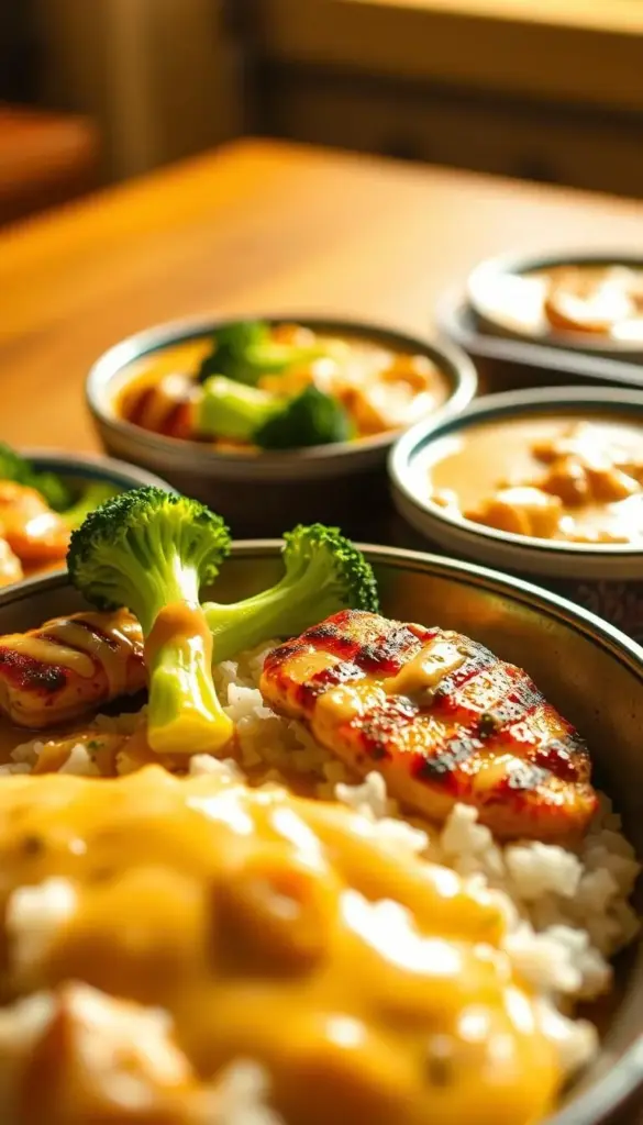 A delectable arrangement of meal prep garlic bowls, bathed in a creamy, glistening garlic sauce. In the foreground, tender grilled chicken breasts and vibrant broccoli florets are nestled atop a bed of fluffy white rice. The middle ground features a series of shallow bowls, each one overflowing with the rich, savory sauce, inviting the viewer to dive in. The background is softly blurred, allowing the vibrant colors and textures of the meal to take center stage. Warm, directional lighting casts a golden glow, evoking a cozy, comforting atmosphere. Captured with a wide-angle lens, the composition draws the eye towards the mouthwatering meal, enticing the viewer to savor every bite. A delectable arrangement of meal prep garlic bowls, bathed in a creamy, glistening garlic sauce. In the foreground, tender grilled chicken breasts and vibrant broccoli florets are nestled atop a bed of fluffy white rice. The middle ground features a series of shallow bowls, each one overflowing with the rich, savory sauce, inviting the viewer to dive in. The background is softly blurred, allowing the vibrant colors and textures of the meal to take center stage. Warm, directional lighting casts a golden glow, evoking a cozy, comforting atmosphere. Captured with a wide-angle lens, the composition draws the eye towards the mouthwatering meal, enticing the viewer to savor every bite.