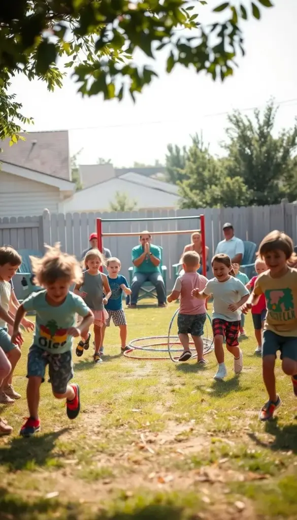 A lively backyard scene of a homemade "Backyard Olympics" for energetic children. In the foreground, kids enthusiastically compete in a sack race, three-legged race, and other playful, low-tech events. Mid-ground shows a makeshift obstacle course with hula hoops, balance beams, and other DIY equipment. In the background, parents and siblings cheer from lawn chairs, creating a festive, family-friendly atmosphere. Warm natural lighting, slightly hazy to evoke a summer day, with a shallow depth of field to focus attention on the active participants. The overall mood is one of unbridled joy, laughter, and a spirit of friendly competition, perfectly capturing the essence of a neighborhood summertime event for active, imaginative kids. A lively backyard scene of a homemade "Backyard Olympics" for energetic children. In the foreground, kids enthusiastically compete in a sack race, three-legged race, and other playful, low-tech events. Mid-ground shows a makeshift obstacle course with hula hoops, balance beams, and other DIY equipment. In the background, parents and siblings cheer from lawn chairs, creating a festive, family-friendly atmosphere. Warm natural lighting, slightly hazy to evoke a summer day, with a shallow depth of field to focus attention on the active participants. The overall mood is one of unbridled joy, laughter, and a spirit of friendly competition, perfectly capturing the essence of a neighborhood summertime event for active, imaginative kids.
