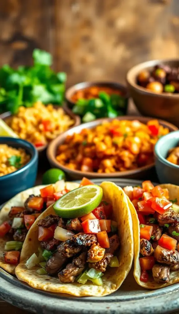 A mouth-watering array of tempting taco dinner ideas, shot in soft, natural lighting with a shallow depth of field. In the foreground, a platter of freshly grilled steak or chicken tacos, topped with diced tomatoes, crisp lettuce, tangy lime wedges, and a dollop of creamy avocado. In the middle ground, an assortment of vibrant, colorful side dishes like seasoned rice, refried beans, and a zesty pico de gallo salsa. The background features a rustic, earthy backdrop, perhaps a wooden table or a textured wall, to complement the warm, inviting atmosphere. The overall scene conveys the comforting and satisfying nature of a delicious taco dinner, perfect for a busy family meal.