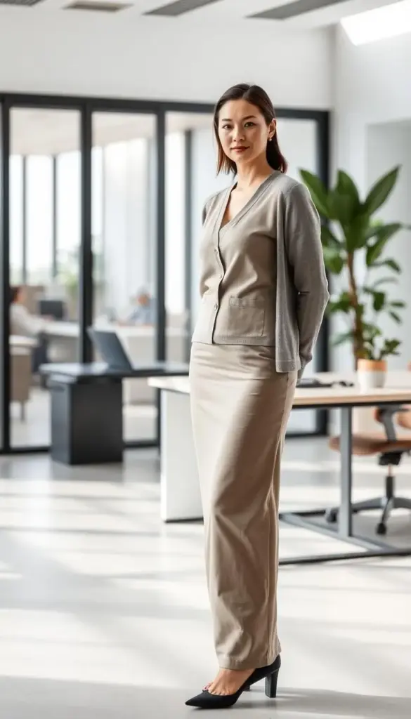A neatly dressed professional woman in a modest work outfit, standing in a bright, airy office setting. In the foreground, she wears a neutral-toned column dress paired with a soft, gray cardigan, creating a classic, understated silhouette. The middle ground features a minimalist desk with a laptop, plant, and other subtle work accessories. The background depicts a modern, glass-walled office space, bathed in natural light streaming through large windows. The overall mood is one of quiet confidence and refined professionalism. A neatly dressed professional woman in a modest work outfit, standing in a bright, airy office setting. In the foreground, she wears a neutral-toned column dress paired with a soft, gray cardigan, creating a classic, understated silhouette. The middle ground features a minimalist desk with a laptop, plant, and other subtle work accessories. The background depicts a modern, glass-walled office space, bathed in natural light streaming through large windows. The overall mood is one of quiet confidence and refined professionalism.