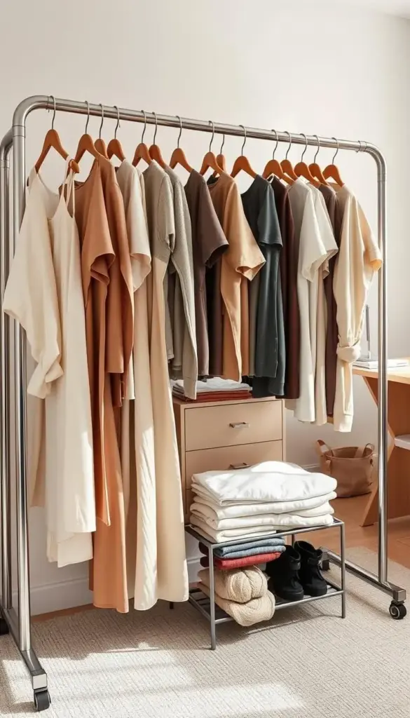 A neatly organized clothing rack sits in a well-lit home office, displaying a carefully curated selection of garments in neutral tones. The foreground features a variety of folded tops, dresses, and pants, arranged with precision. In the middle ground, a small dresser holds neatly stacked clothing items, while the background showcases a minimalist desk and chair, creating a sense of balance and practicality. The lighting is soft and natural, highlighting the textures and colors of the fabrics. The overall scene conveys a sense of thoughtful budgeting, where each piece is selected with care to create a versatile and affordable wardrobe. A neatly organized clothing rack sits in a well-lit home office, displaying a carefully curated selection of garments in neutral tones. The foreground features a variety of folded tops, dresses, and pants, arranged with precision. In the middle ground, a small dresser holds neatly stacked clothing items, while the background showcases a minimalist desk and chair, creating a sense of balance and practicality. The lighting is soft and natural, highlighting the textures and colors of the fabrics. The overall scene conveys a sense of thoughtful budgeting, where each piece is selected with care to create a versatile and affordable wardrobe.