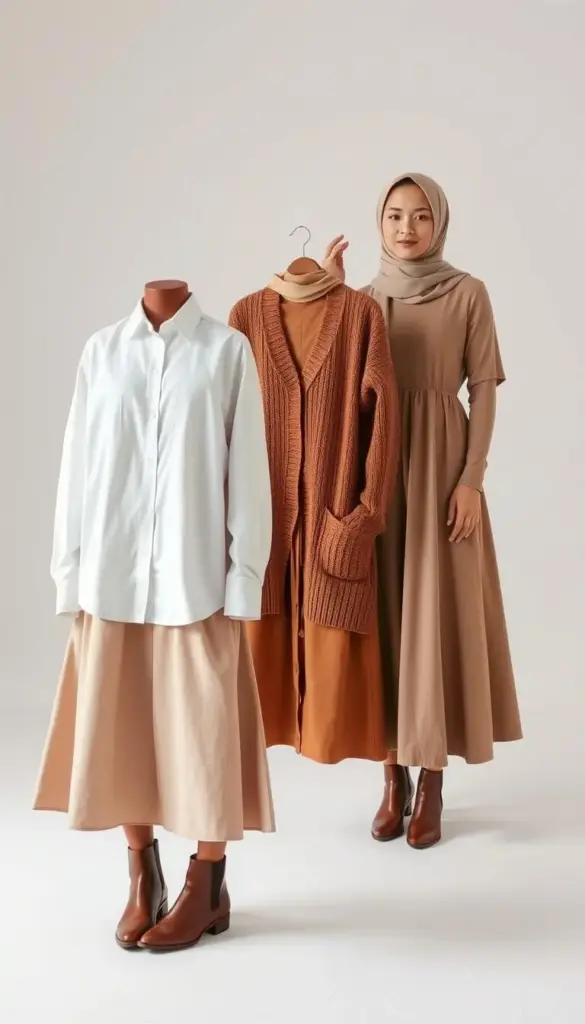 A neatly organized display of modest fashion staples on a minimalist studio setup. In the foreground, a classic white button-down shirt, a flowing midi skirt in a soft neutral tone, and a pair of versatile ankle boots. In the middle ground, a cozy knitted cardigan in a rich earth tone and a sophisticated midi dress with modest neckline and hemline. In the background, a simple yet elegant hijab in a complementary color palette. Soft, even lighting illuminates the pieces, showcasing their clean lines and high-quality fabrics. The overall scene conveys a sense of timeless sophistication and practicality, embodying the essence of a versatile modest capsule wardrobe. A neatly organized display of modest fashion staples on a minimalist studio setup. In the foreground, a classic white button-down shirt, a flowing midi skirt in a soft neutral tone, and a pair of versatile ankle boots. In the middle ground, a cozy knitted cardigan in a rich earth tone and a sophisticated midi dress with modest neckline and hemline. In the background, a simple yet elegant hijab in a complementary color palette. Soft, even lighting illuminates the pieces, showcasing their clean lines and high-quality fabrics. The overall scene conveys a sense of timeless sophistication and practicality, embodying the essence of a versatile modest capsule wardrobe.