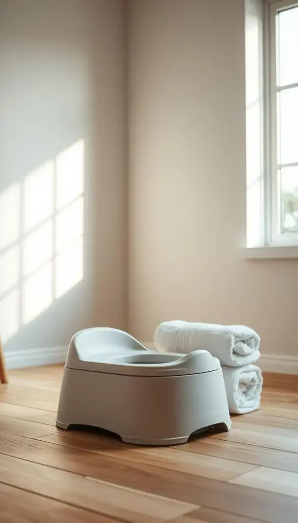 A portable potty training set resting on a wooden floor in a well-lit, minimalist bathroom. The potty is a simple, sleek design in a muted pastel color, positioned alongside a stack of soft, plush towels. Gentle, natural lighting filters in through a large window, casting a warm, inviting glow on the scene. The overall atmosphere is calm, serene, and focused on the practical functionality of the portable training equipment, ready to support a child's potty training journey, even when away from the comfort of home. A portable potty training set resting on a wooden floor in a well-lit, minimalist bathroom. The potty is a simple, sleek design in a muted pastel color, positioned alongside a stack of soft, plush towels. Gentle, natural lighting filters in through a large window, casting a warm, inviting glow on the scene. The overall atmosphere is calm, serene, and focused on the practical functionality of the portable training equipment, ready to support a child's potty training journey, even when away from the comfort of home.