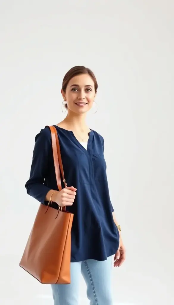 A professional woman standing in a well-lit, minimalist studio, modeling a modest work outfit. In the foreground, she wears a navy blue tunic top with a subtle v-neck, paired with light-wash, straight-leg jeans. Her accessories are simple and elegant: a delicate gold necklace, small hoop earrings, and a brown leather tote bag. The background is a clean, white seamless, creating a bright, airy atmosphere. The lighting is soft and diffused, gently highlighting the outfit's textures and the model's confidence. Shot from a low, three-quarter angle to flatter the figure and create an approachable, relatable scene. A professional woman standing in a well-lit, minimalist studio, modeling a modest work outfit. In the foreground, she wears a navy blue tunic top with a subtle v-neck, paired with light-wash, straight-leg jeans. Her accessories are simple and elegant: a delicate gold necklace, small hoop earrings, and a brown leather tote bag. The background is a clean, white seamless, creating a bright, airy atmosphere. The lighting is soft and diffused, gently highlighting the outfit's textures and the model's confidence. Shot from a low, three-quarter angle to flatter the figure and create an approachable, relatable scene.