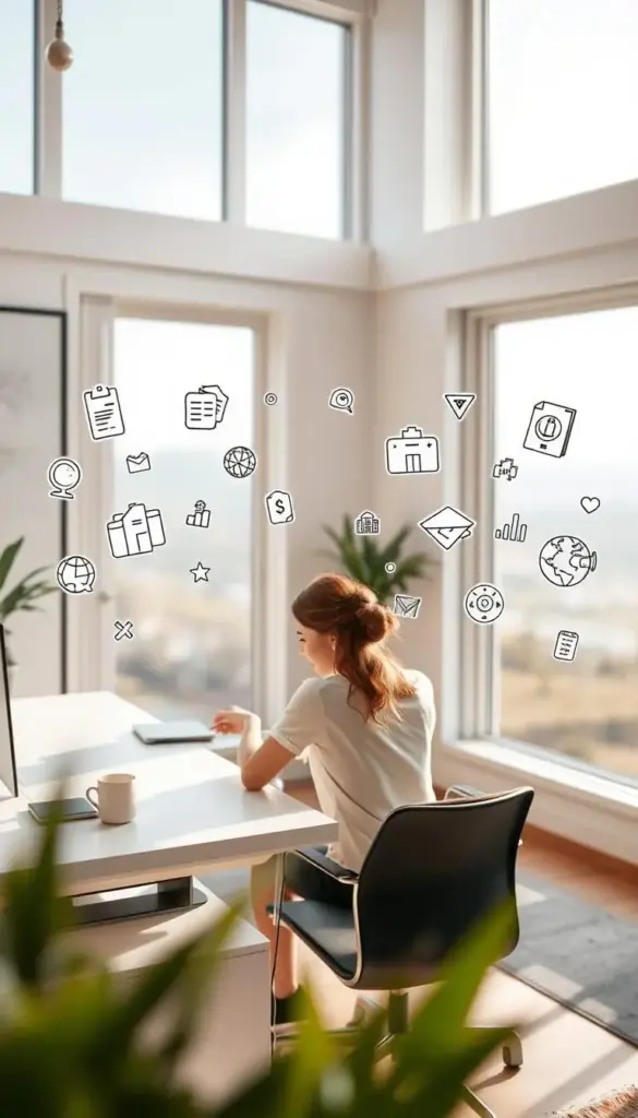 A serene home office, bathed in soft, diffused natural light streaming through large windows. In the foreground, a woman sits at a sleek, minimalist desk, intently focused on her laptop, surrounded by neatly organized digital devices and stationery. In the middle ground, stylized icons and infographics depicting various passive income streams float in the air, conveying the idea of creating multiple revenue sources. The background features a soothing, blurred landscape, hinting at the work-from-home lifestyle and financial security. A serene home office, bathed in soft, diffused natural light streaming through large windows. In the foreground, a woman sits at a sleek, minimalist desk, intently focused on her laptop, surrounded by neatly organized digital devices and stationery. In the middle ground, stylized icons and infographics depicting various passive income streams float in the air, conveying the idea of creating multiple revenue sources. The background features a soothing, blurred landscape, hinting at the work-from-home lifestyle and financial security.