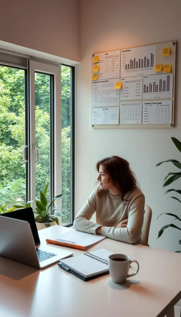 A serene home office setting, with a large window overlooking a lush garden. On the desk, a laptop, a planner, and a cup of coffee. Above the desk, a board filled with sticky notes and financial graphs, indicating carefully laid-out financial goals. Soft, warm lighting illuminates the scene, creating a sense of focus and determination. The overall atmosphere conveys a harmonious blend of productivity and mindfulness, as the subject plans and works towards their financial aspirations. A serene home office setting, with a large window overlooking a lush garden. On the desk, a laptop, a planner, and a cup of coffee. Above the desk, a board filled with sticky notes and financial graphs, indicating carefully laid-out financial goals. Soft, warm lighting illuminates the scene, creating a sense of focus and determination. The overall atmosphere conveys a harmonious blend of productivity and mindfulness, as the subject plans and works towards their financial aspirations.