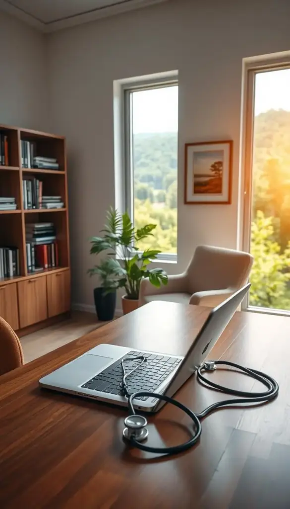 A serene, well-lit healthcare office with a large window overlooking a lush, verdant landscape. In the foreground, a wooden desk with a laptop, tablet, and stethoscope neatly arranged. Behind it, a comfortable armchair and bookshelves filled with medical references. The middle ground features a potted plant and framed artwork depicting a peaceful nature scene. The background showcases the tranquil outdoor vista, with sunlight filtering through the window, creating a warm, inviting atmosphere. The overall mood conveys a sense of professionalism, care, and financial security. A serene, well-lit healthcare office with a large window overlooking a lush, verdant landscape. In the foreground, a wooden desk with a laptop, tablet, and stethoscope neatly arranged. Behind it, a comfortable armchair and bookshelves filled with medical references. The middle ground features a potted plant and framed artwork depicting a peaceful nature scene. The background showcases the tranquil outdoor vista, with sunlight filtering through the window, creating a warm, inviting atmosphere. The overall mood conveys a sense of professionalism, care, and financial security.