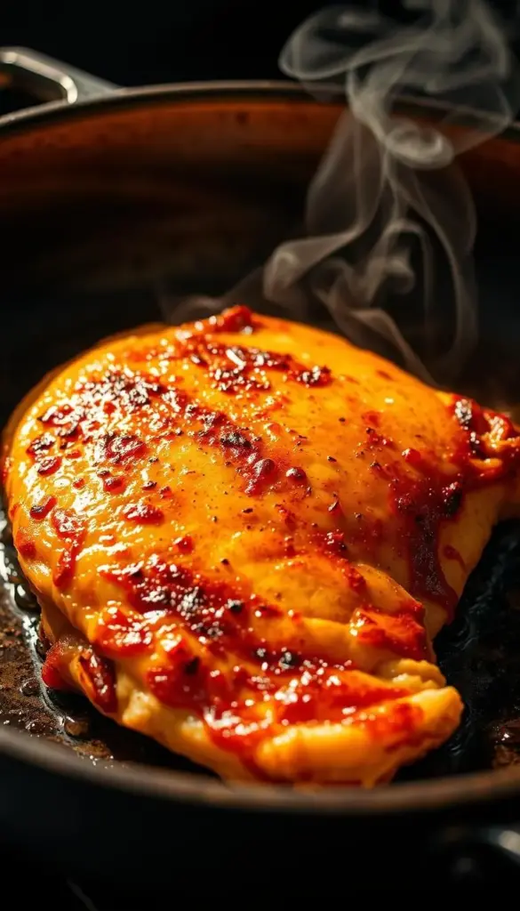 A sizzling chicken breast sears in a hot cast-iron skillet, the surface caramelized to a deep golden brown. Fragrant smoke rises, hinting at the juicy, flavorful meat within. Captured in a dramatic low-angle view, the chicken fills the frame, illuminated by warm, directional lighting that casts dramatic shadows. The skillet's metal surface reflects the scene, adding visual interest. The overall mood is one of mouthwatering anticipation, inviting the viewer to imagine the delicious, crispy-skinned chicken awaiting slicing and serving.