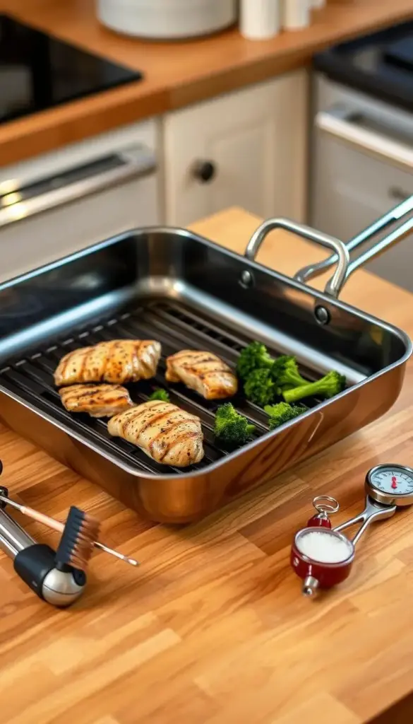 A sleek, stainless steel grill pan rests on a wooden kitchen counter, casting a warm glow under the soft, diffused lighting. The pan's ridged surface promises perfect sear marks, while its sturdy construction radiates dependability. Surrounding the pan, an array of essential tools - a pair of tongs, a basting brush, and a meat thermometer - are neatly arranged, ready to assist in the preparation of a delectable grilled chicken and broccoli dish. The overall scene conveys a sense of culinary mastery and efficiency, perfectly complementing the article's focus on creating a smooth cooking experience. A sleek, stainless steel grill pan rests on a wooden kitchen counter, casting a warm glow under the soft, diffused lighting. The pan's ridged surface promises perfect sear marks, while its sturdy construction radiates dependability. Surrounding the pan, an array of essential tools - a pair of tongs, a basting brush, and a meat thermometer - are neatly arranged, ready to assist in the preparation of a delectable grilled chicken and broccoli dish. The overall scene conveys a sense of culinary mastery and efficiency, perfectly complementing the article's focus on creating a smooth cooking experience.