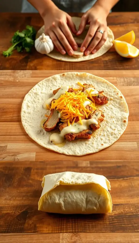 A step-by-step preparation of cheesy garlic chicken wraps. In the foreground, a person's hands gently laying out a warm tortilla wrap on a clean wooden surface. Atop the wrap, slices of juicy grilled chicken, a generous sprinkle of shredded cheddar cheese, and a drizzle of creamy garlic sauce. In the middle ground, the person's hands carefully folding the wrap, creating a neat and compact bundle. The background features a rustic kitchen counter, with a few fresh ingredients like garlic, parsley, and lemon wedges adding to the scene. Soft, even lighting illuminates the process, conveying a sense of care and culinary expertise. The overall mood is inviting, highlighting the homemade, delicious nature of the dish. A step-by-step preparation of cheesy garlic chicken wraps. In the foreground, a person's hands gently laying out a warm tortilla wrap on a clean wooden surface. Atop the wrap, slices of juicy grilled chicken, a generous sprinkle of shredded cheddar cheese, and a drizzle of creamy garlic sauce. In the middle ground, the person's hands carefully folding the wrap, creating a neat and compact bundle. The background features a rustic kitchen counter, with a few fresh ingredients like garlic, parsley, and lemon wedges adding to the scene. Soft, even lighting illuminates the process, conveying a sense of care and culinary expertise. The overall mood is inviting, highlighting the homemade, delicious nature of the dish.
