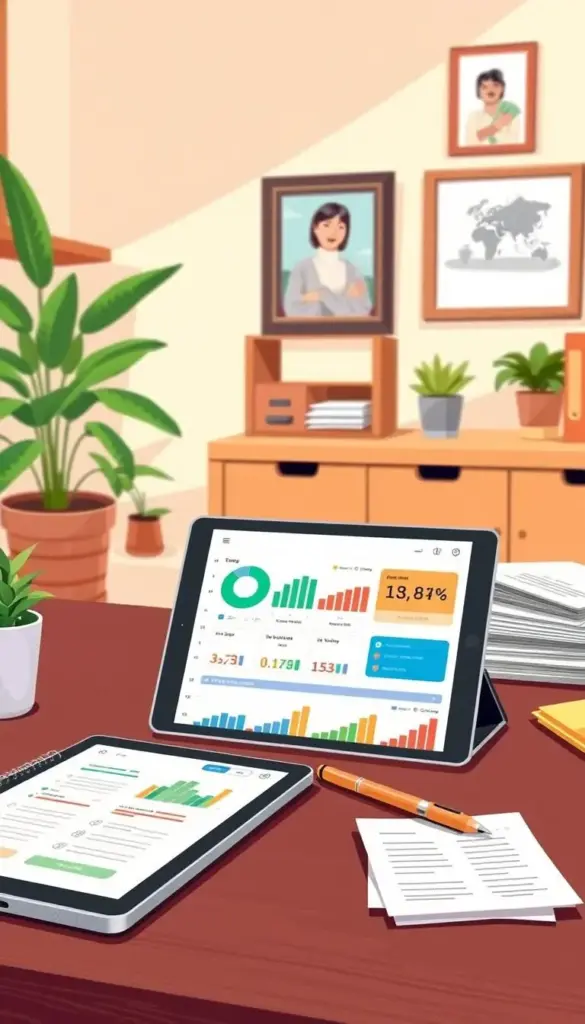 A stylized, detailed illustration of a modern, organized budget tracker for a busy mom. In the foreground, a neatly arranged desk with a tablet, pen, and financial documents. The tablet displays a clean, intuitive budgeting app interface with colorful charts and graphs. In the middle ground, a well-organized filing system and a stack of receipts. The background features a warm, softly-lit home office setting with wood accents, potted plants, and a framed family photo. The overall mood is one of efficiency, control, and a sense of financial empowerment for the hardworking mom. A stylized, detailed illustration of a modern, organized budget tracker for a busy mom. In the foreground, a neatly arranged desk with a tablet, pen, and financial documents. The tablet displays a clean, intuitive budgeting app interface with colorful charts and graphs. In the middle ground, a well-organized filing system and a stack of receipts. The background features a warm, softly-lit home office setting with wood accents, potted plants, and a framed family photo. The overall mood is one of efficiency, control, and a sense of financial empowerment for the hardworking mom.