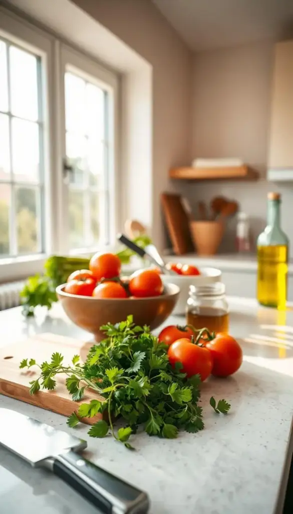 A sun-lit kitchen counter with fresh produce, herbs, and cooking utensils neatly arranged. In the foreground, a chef's knife, wooden cutting board, and a bundle of fragrant herbs. In the middle, a bowl of ripe tomatoes, a bundle of asparagus, and a jar of olive oil. In the background, a large window floods the space with warm, natural light, creating a serene, calming atmosphere. The overall scene evokes a sense of effortless preparation, where the act of cooking is a mindful, stress-free experience.