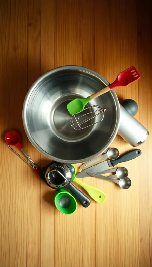 A tightly-framed, top-down shot of a wooden kitchen counter, softly lit from the side. On the counter, a collection of essential bowl-making tools arranged in an artful, still-life composition: a sturdy stainless steel mixing bowl, a set of colorful silicone spatulas, a sleek hand mixer, a sharp chef's knife, and a set of metal measuring cups. The lighting casts subtle shadows, emphasizing the shapes and textures of the tools. The overall mood is one of functionality and culinary preparedness, evoking the idea of a well-equipped kitchen ready to craft delicious bowl recipes.