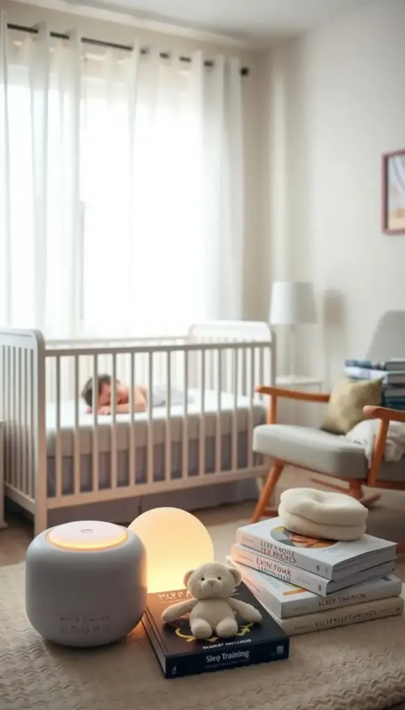 A tranquil nursery scene with a toddler peacefully sleeping in a cozy crib, soft light streaming through sheer curtains. In the foreground, various sleep training tools like a white noise machine, blackout blinds, and a comforting stuffed animal are neatly arranged. The middle ground features a rocking chair and a stack of parenting books on sleep training methods. The background depicts a soothing pastel-colored wall with minimal decor, conveying a serene, calming atmosphere ideal for a restful slumber. The overall lighting is gentle and warm, creating a nurturing, comforting mood.