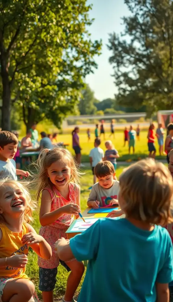 A vibrant summer camp scene with children engaged in a variety of engaging activities. In the foreground, a group of kids are playing an outdoor game, their laughter and smiles radiating joy. The middle ground features a mix of art and craft stations, where young artists are immersed in creative projects. In the background, a sports field is visible, with children participating in a friendly game of soccer or basketball. The scene is bathed in warm, golden lighting, capturing the essence of a perfect summer day. The overall atmosphere exudes a sense of discovery, learning, and camaraderie, inviting the viewer to imagine the enriching experiences these summer programs offer. A vibrant summer camp scene with children engaged in a variety of engaging activities. In the foreground, a group of kids are playing an outdoor game, their laughter and smiles radiating joy. The middle ground features a mix of art and craft stations, where young artists are immersed in creative projects. In the background, a sports field is visible, with children participating in a friendly game of soccer or basketball. The scene is bathed in warm, golden lighting, capturing the essence of a perfect summer day. The overall atmosphere exudes a sense of discovery, learning, and camaraderie, inviting the viewer to imagine the enriching experiences these summer programs offer.