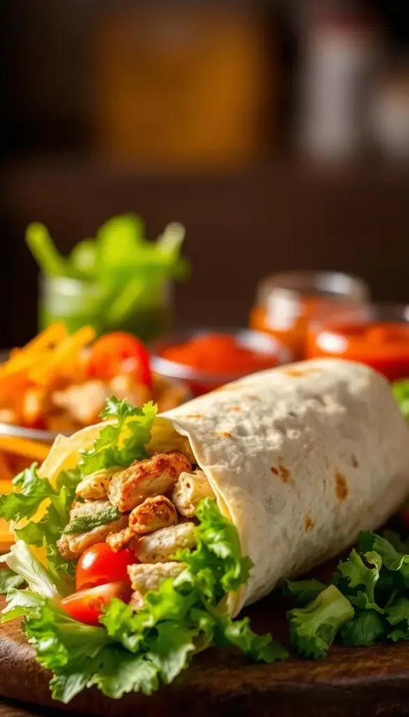 A visually appealing array of customizable wrap options, bathed in warm, soft lighting. In the foreground, an assortment of fresh ingredients - tender grilled chicken, crisp lettuce, juicy tomatoes, tangy cheese, and an array of vibrant sauces and condiments. In the middle ground, the wrap itself, its flaky, golden-brown exterior inviting the viewer to imagine the delicious textures and flavors within. The background softly blurs, creating a sense of depth and focus on the star of the scene - the customizable wrap, waiting to be personalized to each diner's unique tastes. A visually appealing array of customizable wrap options, bathed in warm, soft lighting. In the foreground, an assortment of fresh ingredients - tender grilled chicken, crisp lettuce, juicy tomatoes, tangy cheese, and an array of vibrant sauces and condiments. In the middle ground, the wrap itself, its flaky, golden-brown exterior inviting the viewer to imagine the delicious textures and flavors within. The background softly blurs, creating a sense of depth and focus on the star of the scene - the customizable wrap, waiting to be personalized to each diner's unique tastes.