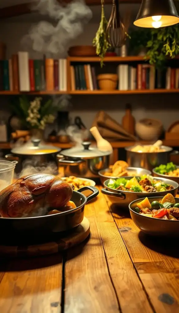 A warm, inviting kitchen scene with a wooden table in the foreground, showcasing a variety of homemade dinner dishes. In the middle ground, steaming pots and pans filled with hearty, comforting meals, such as a roasted chicken, a bubbling casserole, and a fresh salad. In the background, a cozy, well-lit atmosphere, with shelves of cookbooks and herbs hanging from the ceiling. The lighting is soft and natural, casting a golden glow over the scene, creating a sense of familiarity and ease. The overall mood is one of simplicity, nourishment, and the time-honored tradition of home-cooked, healthy dinners.