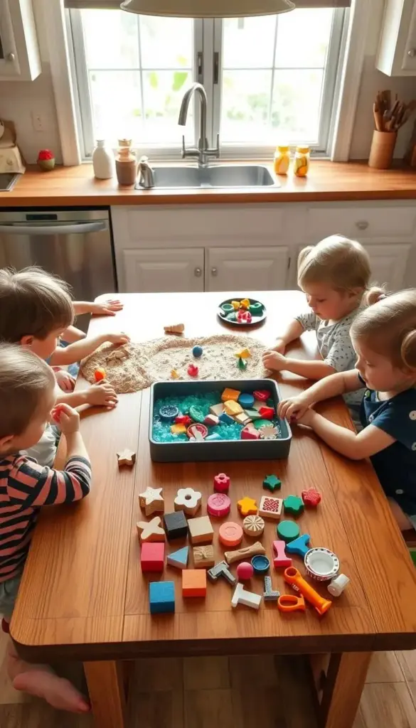 A warm, well-lit kitchen table with various sensory learning tools arranged neatly - a small sandbox with textured objects, a tray of colored water beads, a set of wooden shapes in different textures, and a selection of safe, colorful household items to explore. Toddlers sit around the table, engaged in tactile play and discovery, their faces filled with wonder and delight. The scene conveys a sense of joy, curiosity, and intentional learning through hands-on, multi-sensory experiences tailored to early childhood development. A warm, well-lit kitchen table with various sensory learning tools arranged neatly - a small sandbox with textured objects, a tray of colored water beads, a set of wooden shapes in different textures, and a selection of safe, colorful household items to explore. Toddlers sit around the table, engaged in tactile play and discovery, their faces filled with wonder and delight. The scene conveys a sense of joy, curiosity, and intentional learning through hands-on, multi-sensory experiences tailored to early childhood development.