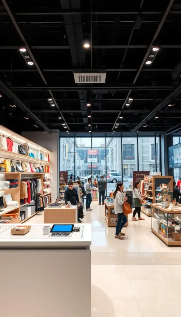 A well-lit, expansive e-commerce storefront with an inviting display of various products and merchandise. In the foreground, a sleek, modern cashier's counter with a tablet and digital payment options. Behind it, shelves and displays showcasing a diverse range of goods, from fashion and electronics to home decor and toys. The middle ground features customers browsing the aisles, both online and in-person, representing the fusion of physical and digital retail experiences. In the background, a large window offers a panoramic view of a bustling city street, conveying the global reach and potential of e-commerce opportunities. The overall scene radiates a sense of opportunity, growth, and the seamless integration of technology into the retail landscape. A well-lit, expansive e-commerce storefront with an inviting display of various products and merchandise. In the foreground, a sleek, modern cashier's counter with a tablet and digital payment options. Behind it, shelves and displays showcasing a diverse range of goods, from fashion and electronics to home decor and toys. The middle ground features customers browsing the aisles, both online and in-person, representing the fusion of physical and digital retail experiences. In the background, a large window offers a panoramic view of a bustling city street, conveying the global reach and potential of e-commerce opportunities. The overall scene radiates a sense of opportunity, growth, and the seamless integration of technology into the retail landscape.