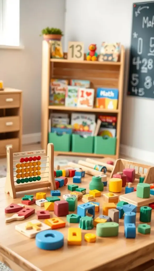 A well-lit, inviting classroom setting with a wooden table in the foreground showcasing a variety of educational toys for toddlers. Math-themed manipulatives, including colorful abacuses, wooden number blocks, and shape-sorting puzzles, are neatly arranged, creating a visually appealing and organized display. In the middle ground, a bookshelf with age-appropriate math and counting books, while the background features a cheerful chalkboard wall with simple numeric illustrations. The scene exudes a warm, nurturing atmosphere, encouraging early numeracy and a love of learning. A well-lit, inviting classroom setting with a wooden table in the foreground showcasing a variety of educational toys for toddlers. Math-themed manipulatives, including colorful abacuses, wooden number blocks, and shape-sorting puzzles, are neatly arranged, creating a visually appealing and organized display. In the middle ground, a bookshelf with age-appropriate math and counting books, while the background features a cheerful chalkboard wall with simple numeric illustrations. The scene exudes a warm, nurturing atmosphere, encouraging early numeracy and a love of learning.