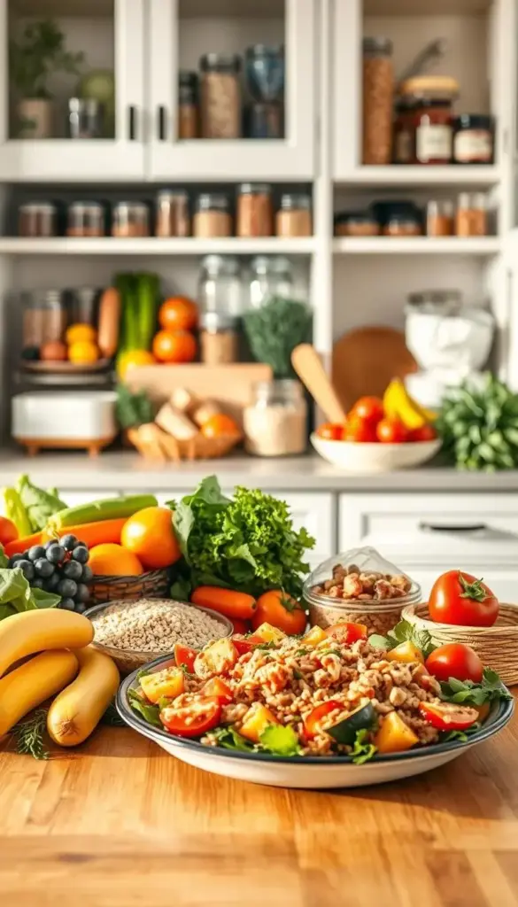 A well-lit kitchen counter, overflowing with a neatly arranged array of fresh produce, whole grains, and lean protein sources. In the foreground, a carefully balanced meal is plated, showcasing the principles of nutritious and cost-effective eating. The background features a meticulously organized pantry, with labeled jars and containers, reflecting a sense of order and financial control. Warm, natural lighting casts a glow over the scene, conveying a feeling of abundance and contentment. The overall composition exudes a sense of mastery, where culinary expertise and budgetary discipline converge to create a harmonious and sustainable approach to mealtime. A well-lit kitchen counter, overflowing with a neatly arranged array of fresh produce, whole grains, and lean protein sources. In the foreground, a carefully balanced meal is plated, showcasing the principles of nutritious and cost-effective eating. The background features a meticulously organized pantry, with labeled jars and containers, reflecting a sense of order and financial control. Warm, natural lighting casts a glow over the scene, conveying a feeling of abundance and contentment. The overall composition exudes a sense of mastery, where culinary expertise and budgetary discipline converge to create a harmonious and sustainable approach to mealtime.