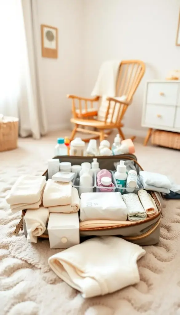 A well-organized and meticulously packed diaper bag, neatly arranged on a soft, neutral-toned blanket. In the foreground, an array of baby essentials - diapers, wipes, creams, and a changing pad - strategically placed for easy access. The middle ground features a collection of feeding items, including bottles, formula, and bibs, all contained in clear compartments. In the background, a soothing, pastel-hued nursery scene, with a wooden rocking chair and a serene, natural-light-filled atmosphere, creating a calming and organized ambiance. Captured with a warm, diffused lighting and a shallow depth of field, drawing the viewer's focus to the thoughtfully curated contents of the diaper bag. A well-organized and meticulously packed diaper bag, neatly arranged on a soft, neutral-toned blanket. In the foreground, an array of baby essentials - diapers, wipes, creams, and a changing pad - strategically placed for easy access. The middle ground features a collection of feeding items, including bottles, formula, and bibs, all contained in clear compartments. In the background, a soothing, pastel-hued nursery scene, with a wooden rocking chair and a serene, natural-light-filled atmosphere, creating a calming and organized ambiance. Captured with a warm, diffused lighting and a shallow depth of field, drawing the viewer's focus to the thoughtfully curated contents of the diaper bag.