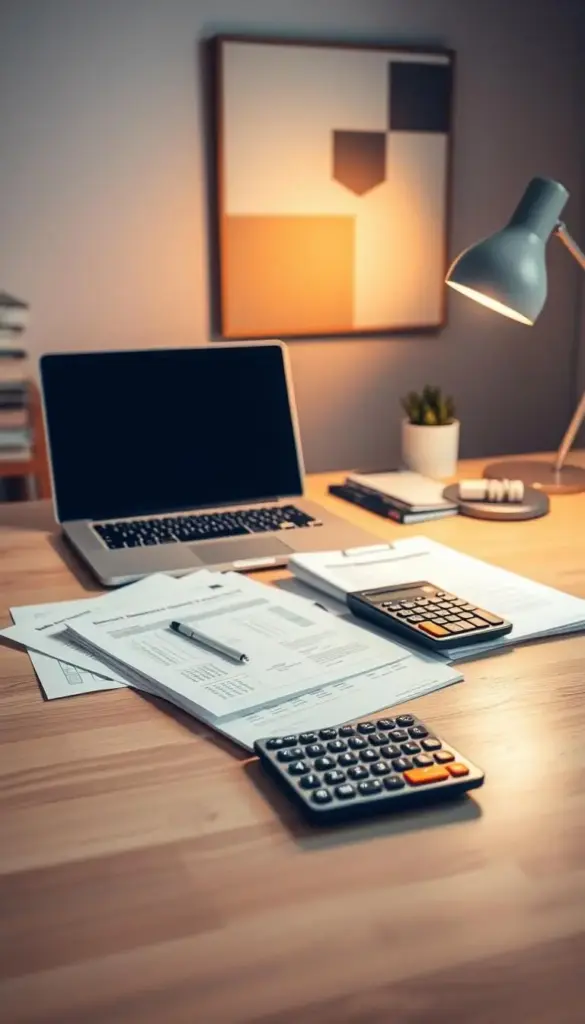 A well-organized home office with an open laptop, a stack of financial documents, and a calculator prominently displayed on a clean, wooden desk. Soft, warm lighting from a desk lamp illuminates the scene, creating a focused and contemplative atmosphere. In the background, a minimalist wall art piece featuring geometric shapes and muted colors hints at the budgeting strategy theme. The overall composition conveys a sense of careful planning, organization, and financial discipline. A well-organized home office with an open laptop, a stack of financial documents, and a calculator prominently displayed on a clean, wooden desk. Soft, warm lighting from a desk lamp illuminates the scene, creating a focused and contemplative atmosphere. In the background, a minimalist wall art piece featuring geometric shapes and muted colors hints at the budgeting strategy theme. The overall composition conveys a sense of careful planning, organization, and financial discipline.