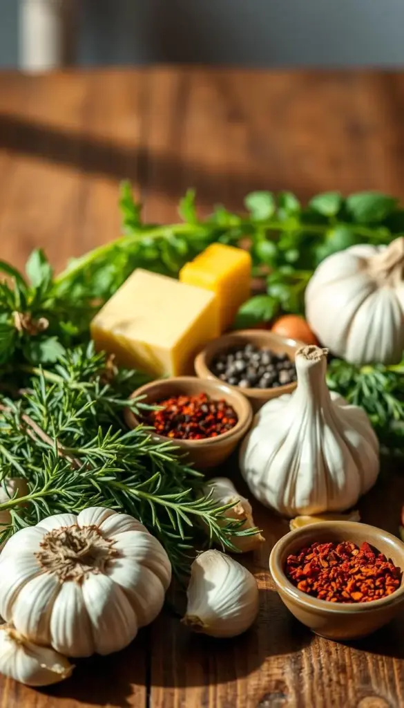 Elegant still life on a wooden table, featuring an assortment of fresh, high-quality ingredients for flavorful dishes. In the foreground, a array of whole, unpeeled garlic bulbs, vibrant herbs like rosemary and thyme, and a knob of golden butter. In the middle ground, a selection of fragrant spices in small ceramic dishes, including ground black pepper, paprika, and crushed red pepper flakes. The background is softly blurred, highlighting the textural details of the ingredients. The lighting is natural and warm, casting gentle shadows that accentuate the depth and dimensionality of the scene. The overall mood is one of culinary inspiration and the promise of delicious, homemade meals.