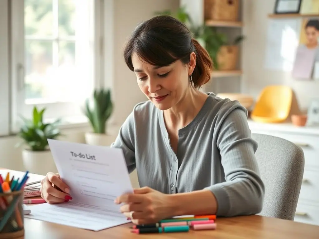 Mom organizing her to-do list with priority markers Mom organizing her to-do list with priority markers