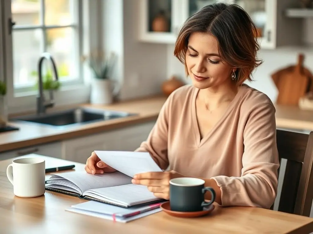 Mom planning her week using a planner and calendar Mom planning her week using a planner and calendar