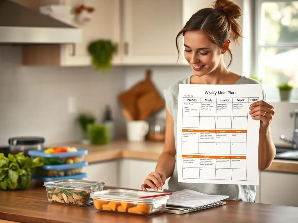 Mom with organized meal plan and grocery list Mom with organized meal plan and grocery list