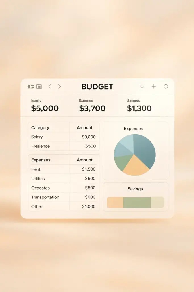 A digital spreadsheet with a clean, minimalist design floats against a soft, pastel-toned background. In the foreground, a modern, intuitive interface displays a budget tracking system with neatly organized income, expenses, and savings categories. The layout is balanced and easy to navigate, with clear visualization tools like charts and graphs. The overall atmosphere is calming and organized, conveying a sense of control and simplicity in managing household finances. Warm, natural lighting casts a gentle glow, while the camera angle offers a slightly elevated, bird's-eye view for an optimal user experience. Moms income tracker manage your finances easily
