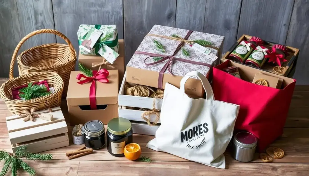 Sustainable Christmas hamper packaging options including reusable containers