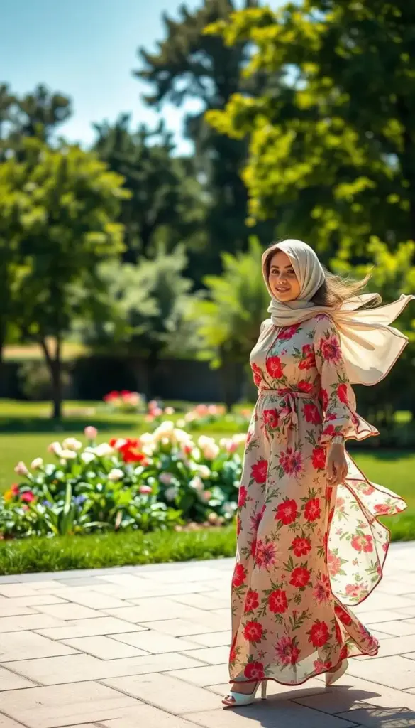A breezy summer day, sunlight dappling a lush garden. In the foreground, a model gracefully strolls, wearing a flowing, modest maxi dress in a vibrant floral print. Her long sleeves and high neckline evoke elegant femininity, while the lightweight, airy fabric billows gently in the warm breeze. In the middle ground, verdant trees and blooming flowers create a serene, natural backdrop, complementing the model's effortless style. The scene is captured with a shallow depth of field, drawing the eye to the model's poised, confident demeanor as she navigates the picturesque setting. An atmosphere of tranquility and stylish modesty pervades the image.