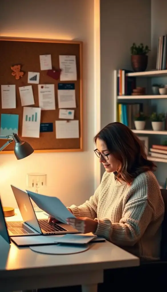 A cozy home office with a woman in a comfortable sweater sitting at a desk, thoughtfully considering financial documents and a laptop. Warm lighting from a nearby lamp casts a soft glow, while a cork board on the wall displays organized notes and reminders. In the background, shelves hold carefully curated books and small plants, creating a welcoming, productivity-focused atmosphere. The overall scene conveys a sense of focused, intentional financial planning for a dedicated mompreneur.