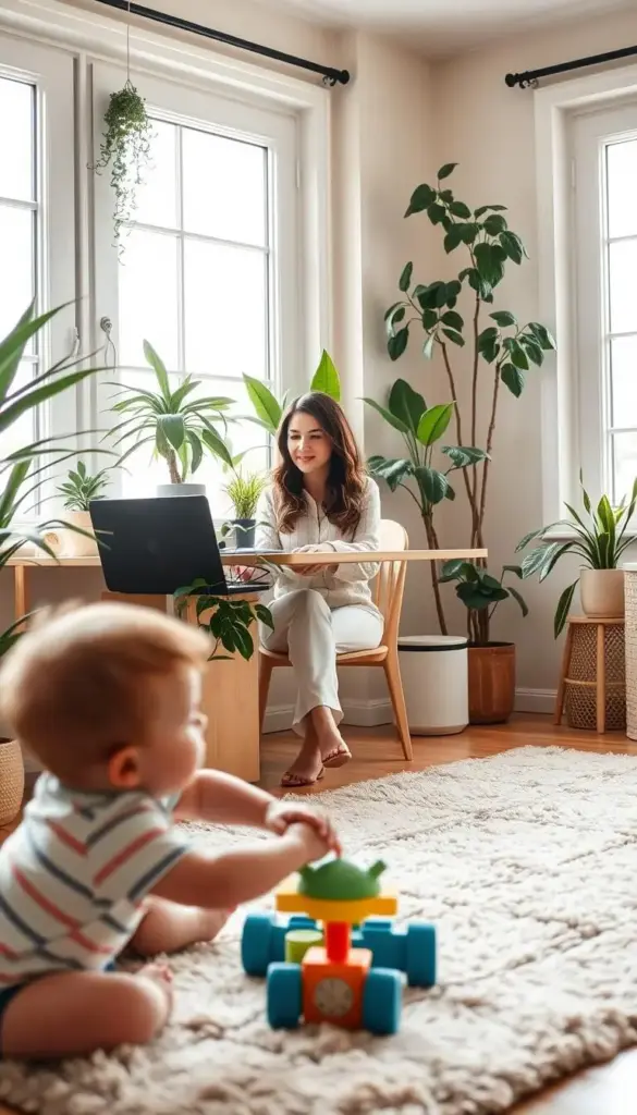 A cozy home office with a woman working on a laptop, surrounded by plants and natural light. In the foreground, a toddler plays with toys on a plush rug, while the mother glances up periodically, balancing her professional and maternal duties. The room has a warm, inviting atmosphere, with soft colors and a sense of harmony. The lighting is natural, casting a gentle glow through large windows. The angle is slightly elevated, capturing the woman's thoughtful expression as she navigates the delicate dance of mompreneur life.