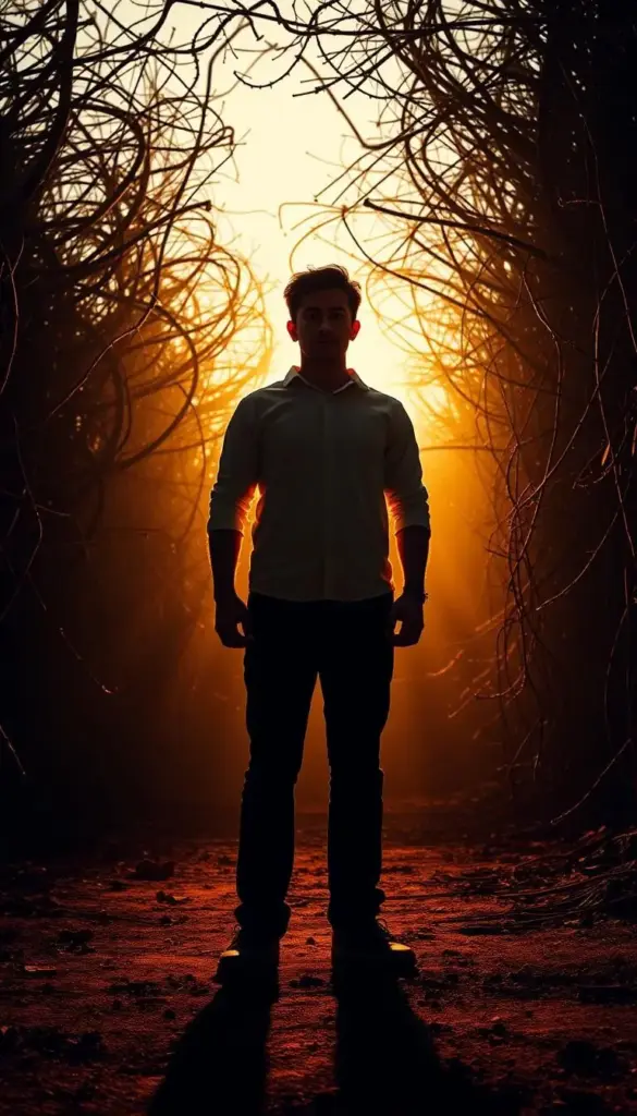 A person standing confidently, facing their fear of discipline head-on. The figure is illuminated by a warm, golden light, casting a powerful, resolute shadow behind them. In the background, a maze of tangled vines and thorns symbolizes the obstacles and challenges that discipline can present, but the person's unwavering gaze and determined posture convey a sense of inner strength and the will to overcome. The scene is captured with a wide-angle lens, creating a sense of scale and emphasizing the person's triumph over their fear. The overall mood is one of overcoming, empowerment, and the realization that discipline can be a tool for growth and success, not something to be feared.