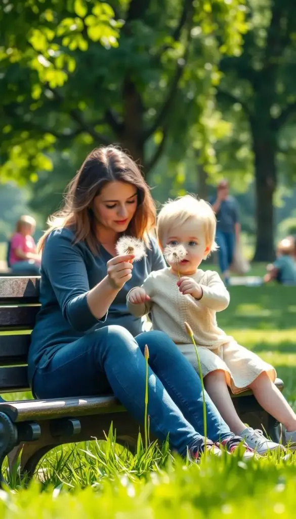 A serene park scene on a sunny afternoon, with a mother and young child sitting on a bench, their bodies relaxed and unhurried. The child's gaze is fixed on a dandelion puff, their hand outstretched to gently release the delicate seeds. Soft, diffused lighting filters through the lush green foliage, creating a sense of tranquility. The background is slightly blurred, with other families nearby, yet the focus remains on the intimate moment between mother and child, emphasizing the importance of slowing down and savoring the simple joys of childhood.