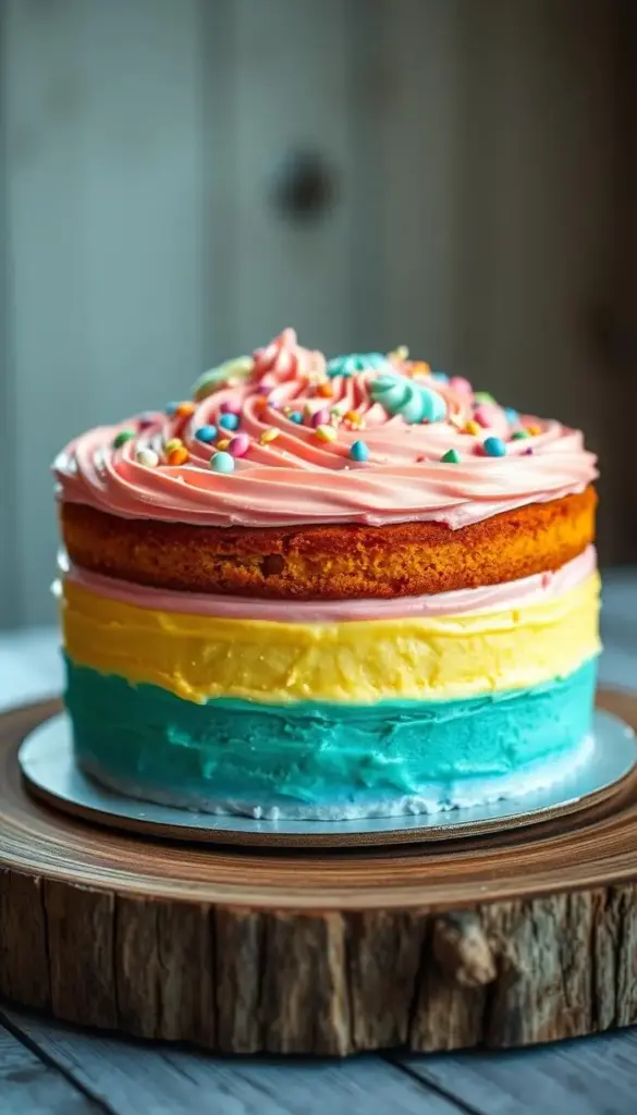 A sumptuous and vibrant gender reveal cake, filling the frame with its irresistible layers and frosting. The cake sits atop a rustic wooden surface, illuminated by soft, natural lighting that casts a warm, inviting glow. Subtle details like sprinkles, candies, or piped designs in pastel colors adorn the cake, hinting at the anticipated gender reveal. The composition focuses on the cake, allowing it to take center stage, while the background remains slightly blurred, creating a sense of depth and emphasizing the cake's importance. The overall atmosphere is one of anticipation, celebration, and the sweet, joyful essence of a gender reveal party.