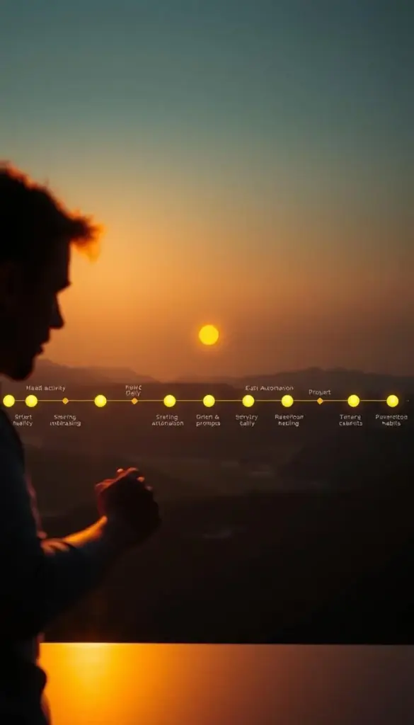 A vibrant visualization of the habit formation process, captured through a cinematic lens. In the foreground, a person engages in a repeated daily activity, surrounded by visual cues and prompts that reinforce the habit. The middle ground showcases a timeline of progress, with each step represented by a glowing orb, charting the journey towards automation. In the distant background, a serene, minimalist landscape provides a calming backdrop, emphasizing the idea of discipline without fear. The lighting is soft and warm, creating a sense of comfort and dedication. The overall composition conveys the gradual, incremental nature of habit formation, inviting the viewer to embark on their own transformative journey.